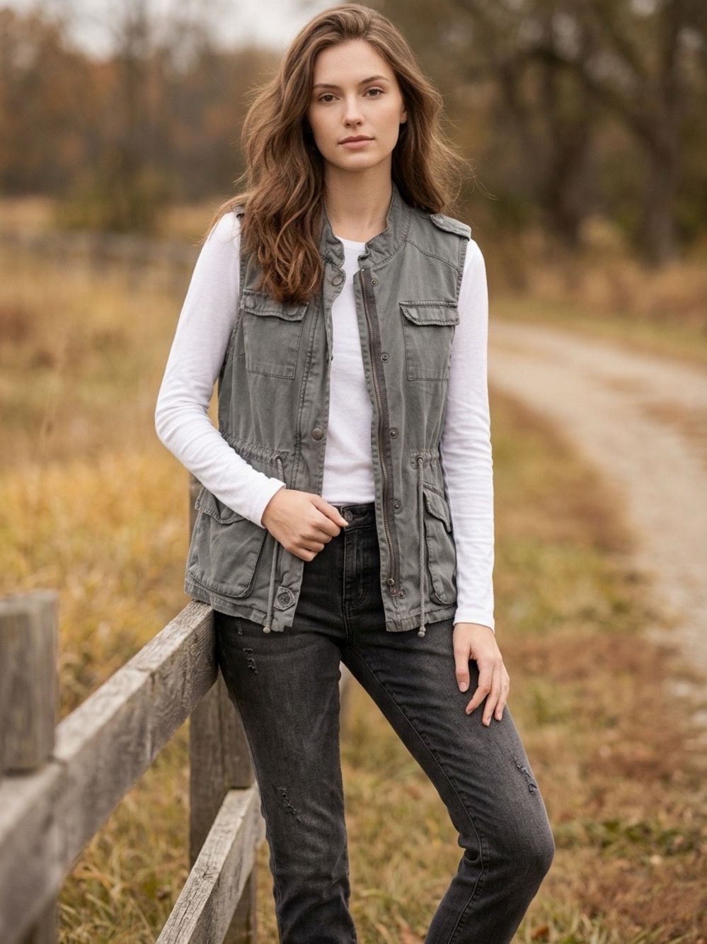 Per Se Full Zip Button Front Utility Womens Vest Medium Breathable Barn Country